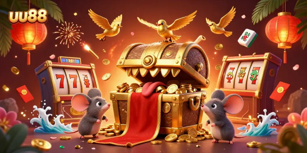 Enjoy thrilling gaming action at uu88 with a vibrant 3D casino scene featuring rich game elements.
