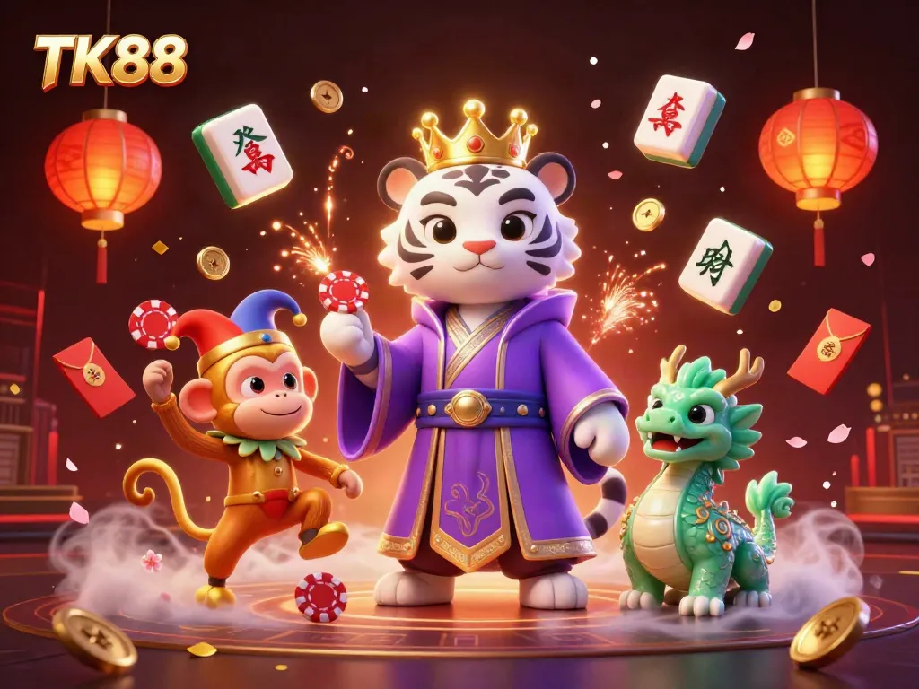 Engage with TK88's vibrant casino world featuring 3D characters and dazzling game elements.