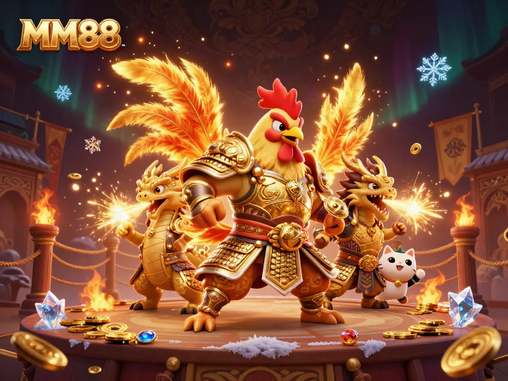 MM88 fighting rooster warrior and dragon hatchling celebrate in a vibrant casino arena scene.