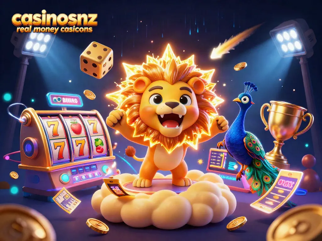 Engage with casinosnz real money casinos through a vibrant 3D casino scene featuring golden lions and dynamic game elements.