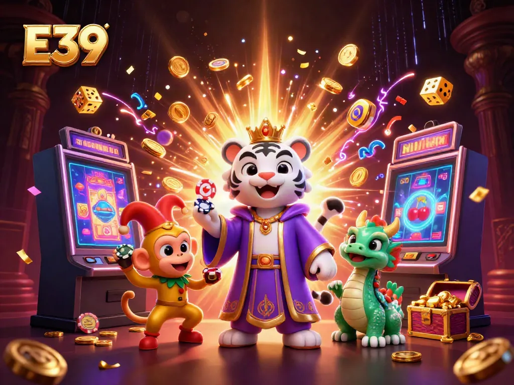 Experience the excitement of E39 with our vibrant casino scene featuring wild characters and rich jackpot elements.