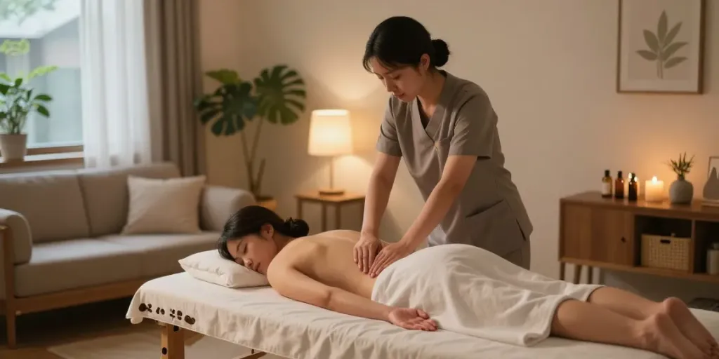Expert 종로출장안마 massage therapy session in a calming home environment with essential oils and soft lighting.