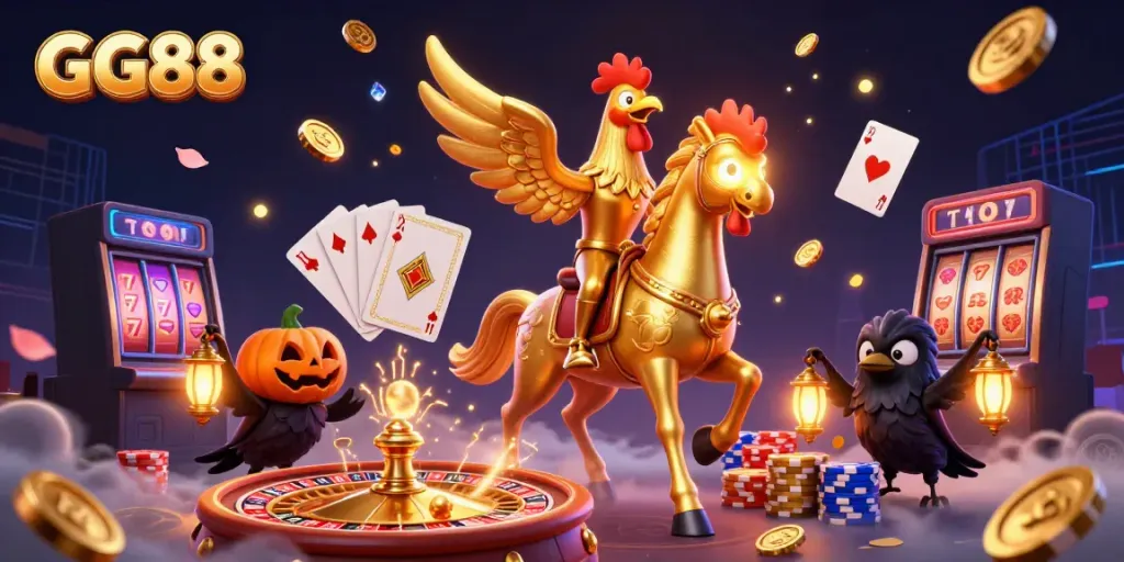 GG88 showcases a vibrant casino scene featuring a golden rooster headless horseman amidst golden coins and bustling gaming elements.