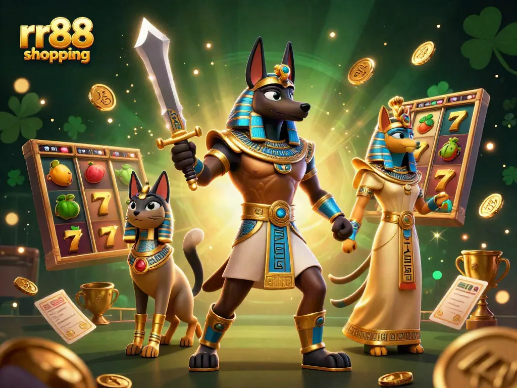 Engage in thrilling games at rr88 shopping with Anubis and Bastet in a vibrant casino scene.
