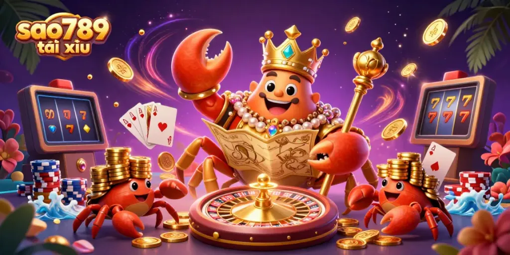 Sparkling scene of sao789 tài xỉu with a crab emperor and treasure, showcasing lively casino elements.