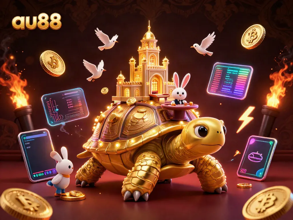 Experience the thrill of au88 with vibrant casino scenes featuring golden characters and crypto elements.
