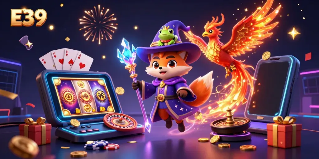 Experience the magical E39 casino world with a wizard fox, phoenix, and vibrant gaming elements.