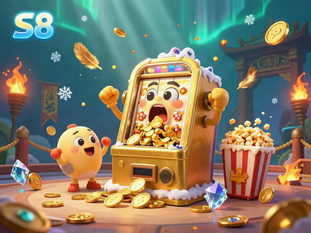 Experience the excitement of S8 with a playful golden slot machine hitting a jackpot surrounded by cheering companions.
