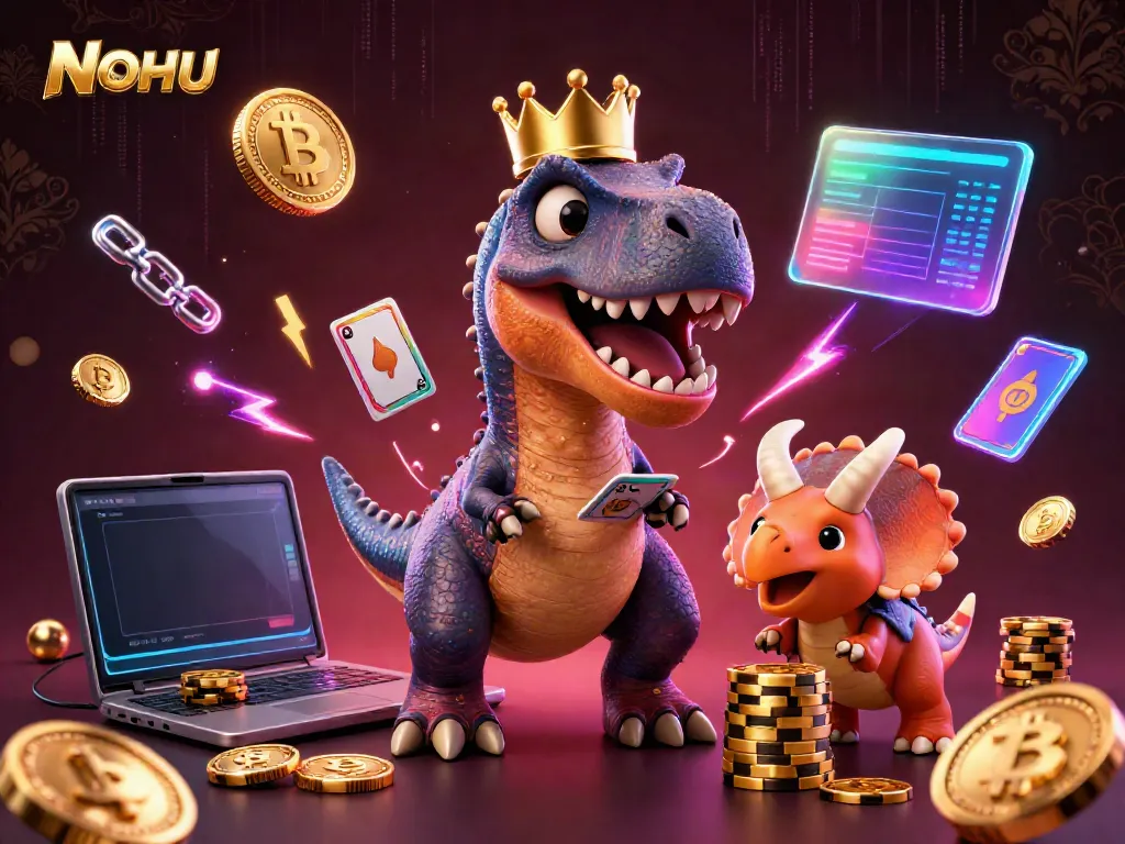 NOHU casino scene with a cartoon T-Rex shuffling cards, surrounded by vibrant gaming elements and crypto coins.