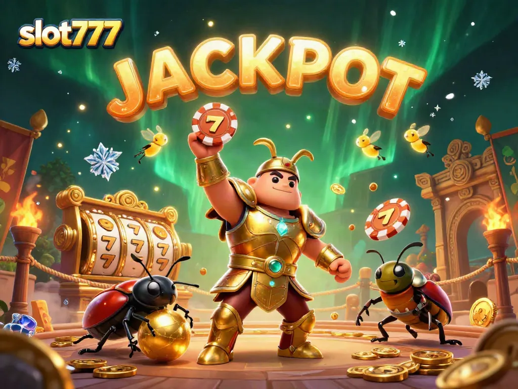 Engage in thrilling gameplay with slot777 as a hercules beetle celebrates victory, lifting chips amidst vibrant casino elements.